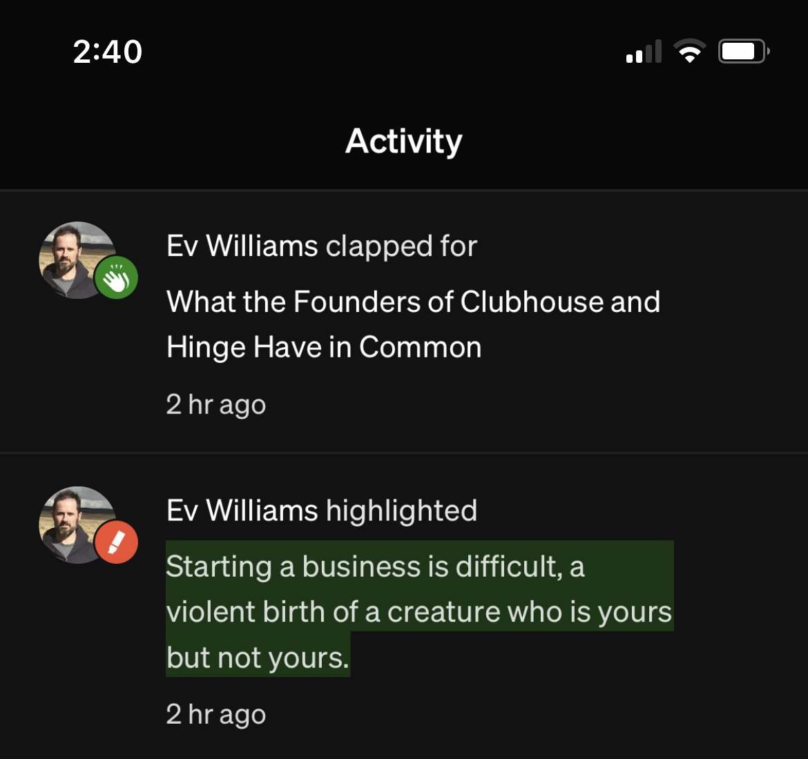 How great a platform is <a href="/Medium/">Medium</a>? Occasionally <a href="/ev/">Ev</a> will interact with your writing! entrepreneurshandbook.co/what-the-found…