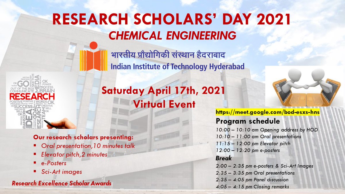 che_iith's tweet photo. @che_iith is celebrating #ResearchScholarsDay on April 17...a platform for our young researchers to showcase their research in form of Oral presentations, Elevator pitch, E-Posters and Sci-Art. 
All interested may join using G-meeting link: https://t.co/MHCkKHTywj
@IITHyderabad https://t.co/t4JHcaeLyS