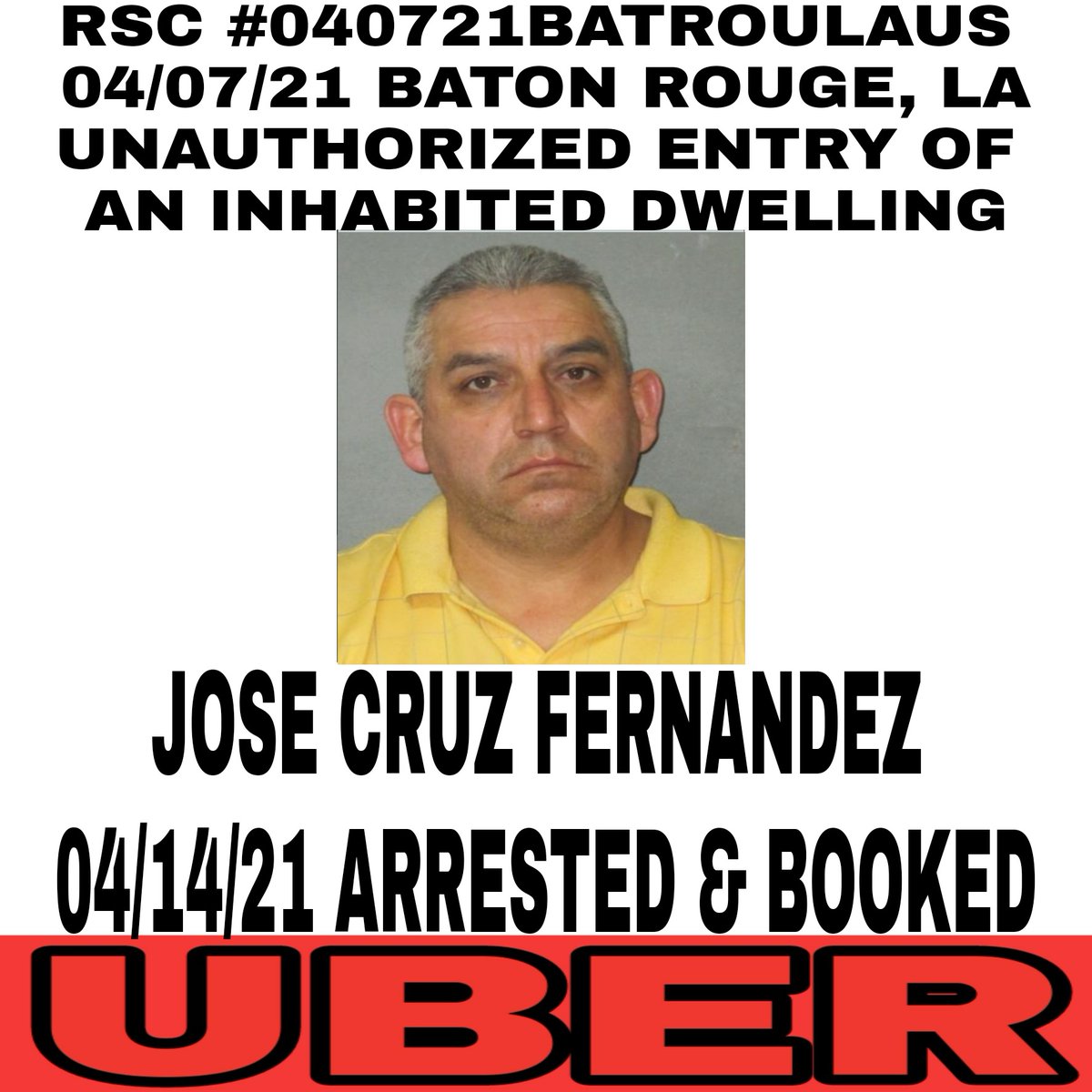 RSC #040721BATROULAUS 
04/07/21 BATON ROUGE, LA
UNAUTHORIZED ENTRY OF 
AN INHABITED DWELLING

UBER <CONFIRMED 
DRIVER: Jose Cruz Fernandez
47 / St. Gabriel

According to the report, Fernandez left when he saw the victim's roommate was also home.
https://t.co/hhu9WhbrEK https://t.co/2krAOBYNpV
