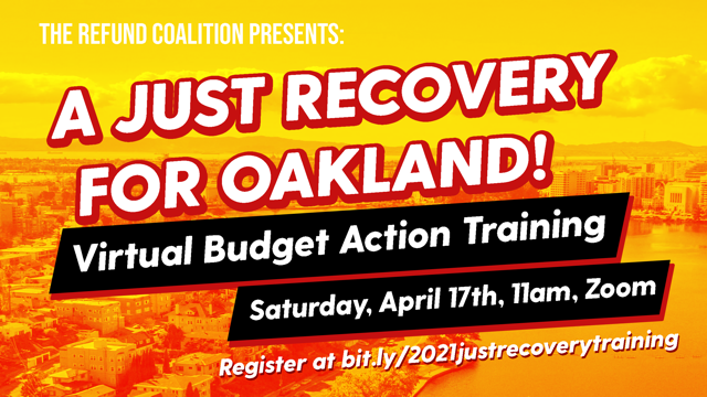 ellabakercenter's tweet photo. Have you registered yet? Join the Refund Coalition virtual budget action training this Saturday! It is not enough to just #DefundThePolice, money needs to be reinvested into community. #BudgetOurValues #RefundOakland https://t.co/Z2wTJMAl1K https://t.co/O1Om3D0OYQ