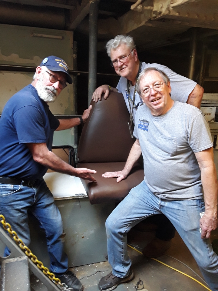 Thanks to Bridget of SO Canvas in Mt. Pleasant for donating the material and her time to recover the Captain's Chair on USS Laffey.  It was at Normandy Beach for D-Day and Okinawa in 1945 when attacked by 6 kamikazes and 4 deck bombs. Work party now.. come meet her crewmembers