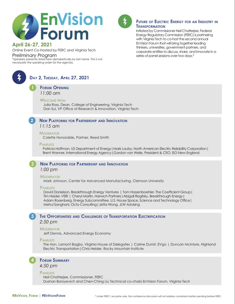 Join me April 26-27 at the all-virtual <a href="/EnVision_Forum/">EnVision Forum</a>, a partnership b/w <a href="/FERC/">@FERC</a> &amp; @virgina_tech! Leading voices in the #energy sector will tackle #resilience, the #grid of the future, energy in the digital age &amp; so much more.  For info &amp; to register, visit vt.edu/link/envision-…