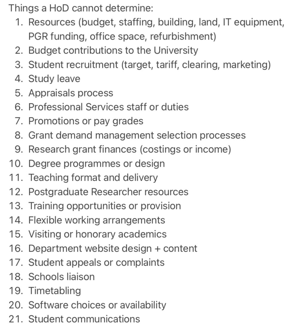 My experience of the very limited space for HoDs to make decisions has made me feel quite powerless at times. I feel more like a compliance offer than a senior ‘leader’. This list summarises the many things I have little control over: 2/7
