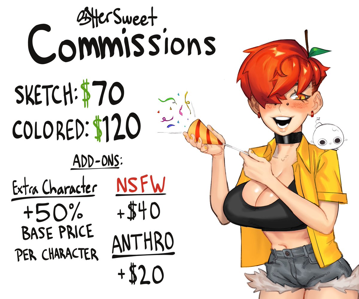 Opening April Comms!

Payment via Paypal, USD only.

Will take 10 slots.
Not first come, first serve; going to be more selective than my stream comms and pick ones I like.

DM me if interested. Feel free to ask questions as well! 