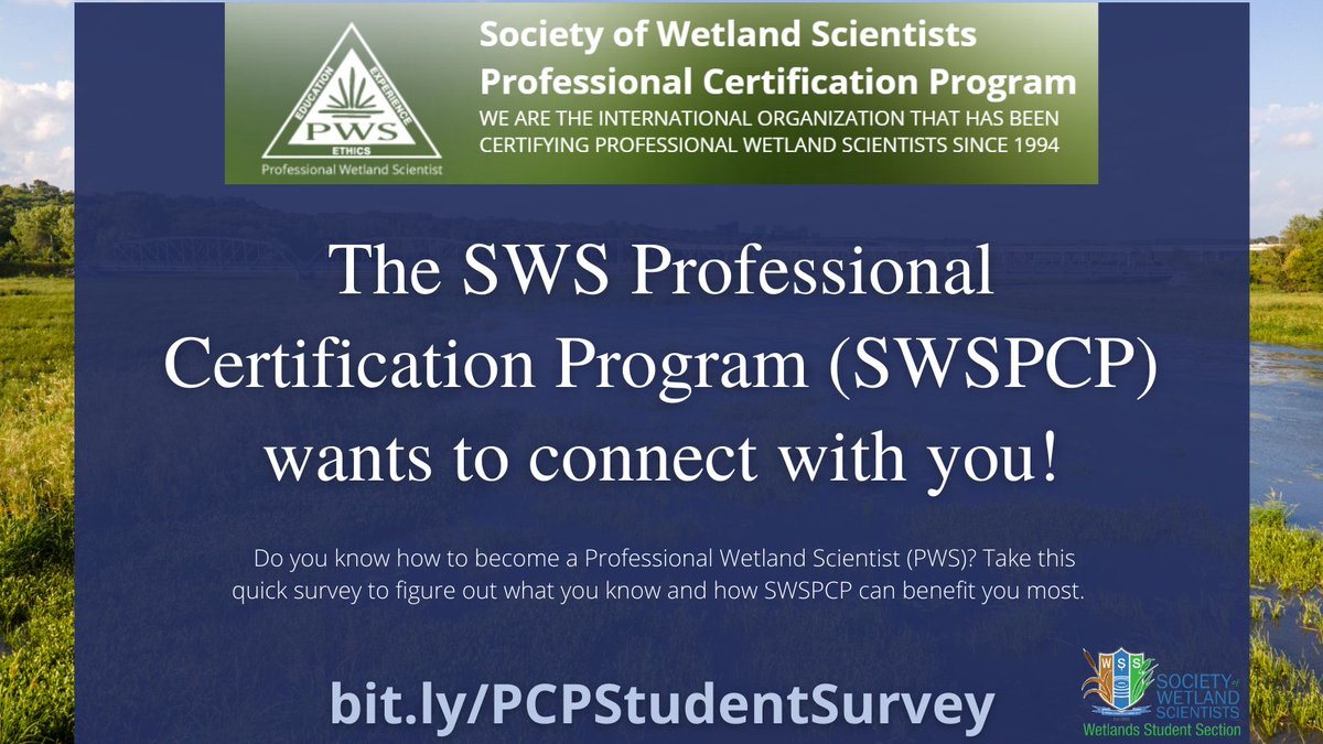 StudentsofSWS's tweet photo. Students of SWS, the SWS Professional Certification Program wants to connect with you! Use this link to take a quick survey to help yourself and other future #ProfessionalWetlandScientists .
https://t.co/ezrlOODBQ4
#StudentsofSWS #WetlandScience #SWSPCP https://t.co/JVpSHajZ4G