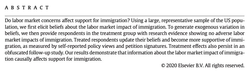 Research matters. Just telling people the robust results of David Card's Mariel Boatlift study—null effects on wages+employment, all skill levels—lastingly eases their opposition to immigration.Remarkable experiment by  @Ingar30 +  @cp_roth in  @JPubEcon —>  https://doi.org/10.1016/j.jpubeco.2020.104256
