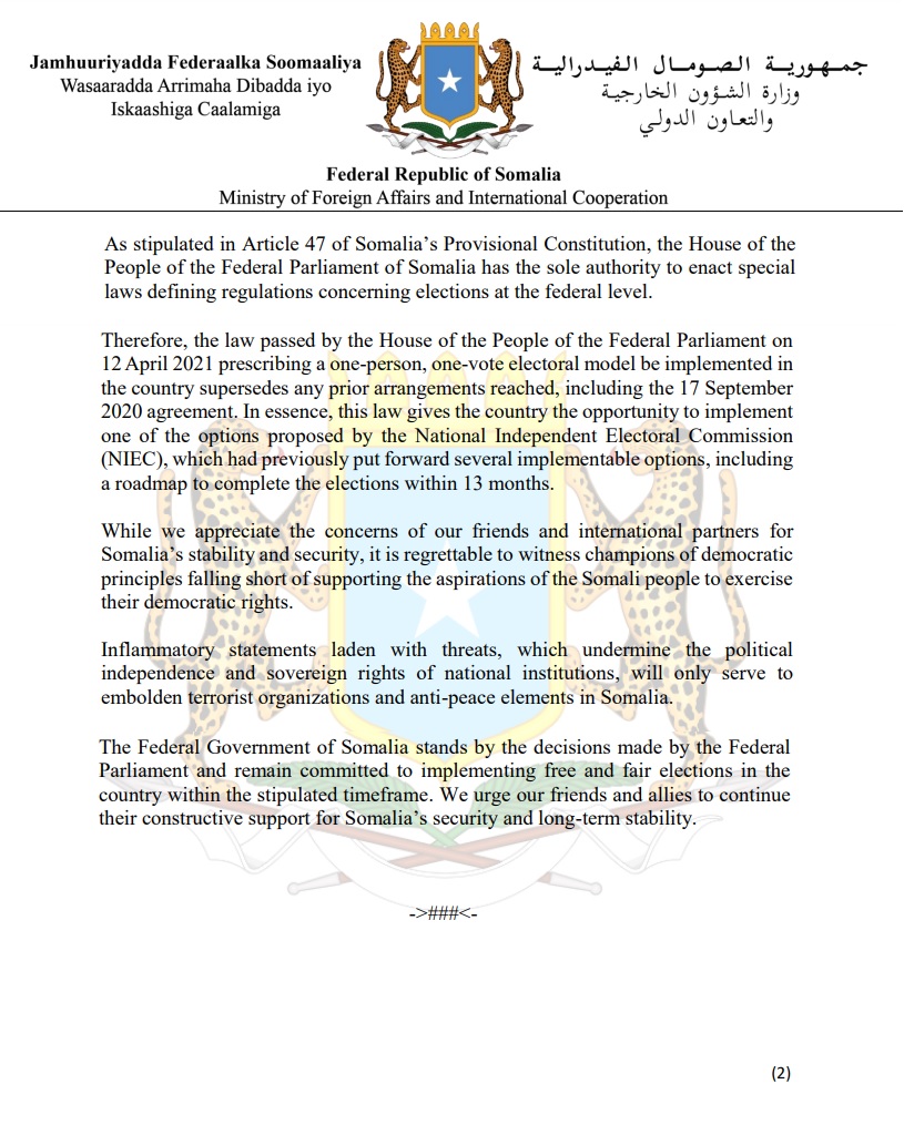 The FGS stands by the decisions made by the Federal Parliament and remain committed to implementing free and fair elections in the country within the stipulated timeframe. We urge our friends and allies to continue their constructive support. 🔗➡ mfa.gov.so/wp-content/upl… #Somalia