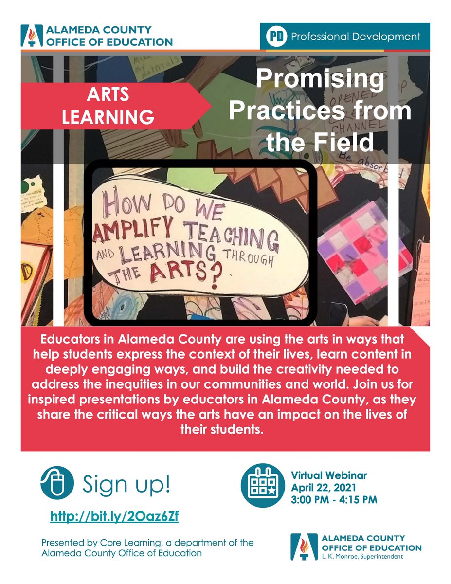 ACOE Arts Learning (@acoearts) on Twitter photo Next week! bit.ly/2Oaz6Zf
4/22 3:00 PM 
Arts Learning Promising Practices from the Field 
Join us for inspired presentations by educators in Alameda County, as they share the critical ways the arts have an impact on the lives of their students. Next week! bit.ly/2Oaz6Zf
4/22 3:00 PM 
Arts Learning Promising Practices from the Field 
Join us for inspired presentations by educators in Alameda County, as they share the critical ways the arts have an impact on the lives of their students.