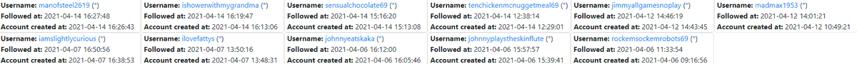 Hey  @Twitch and  @TwitchSupport Attached, you'll find a picture of some follows that I've received from accounts that are less than a month old. These accounts, among others, have been sexually harassing me in my chat. They have inflated my follower count. 1/3
