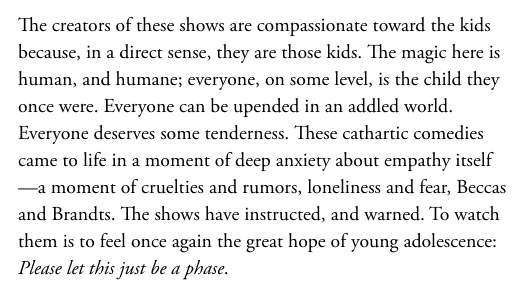 For <a href="/TheAtlantic/">The Atlantic</a>'s new print issue, I wrote about the excruciating horrorcringe of comedies that deal with puberty—and about their surprising grace
theatlantic.com/magazine/archi…