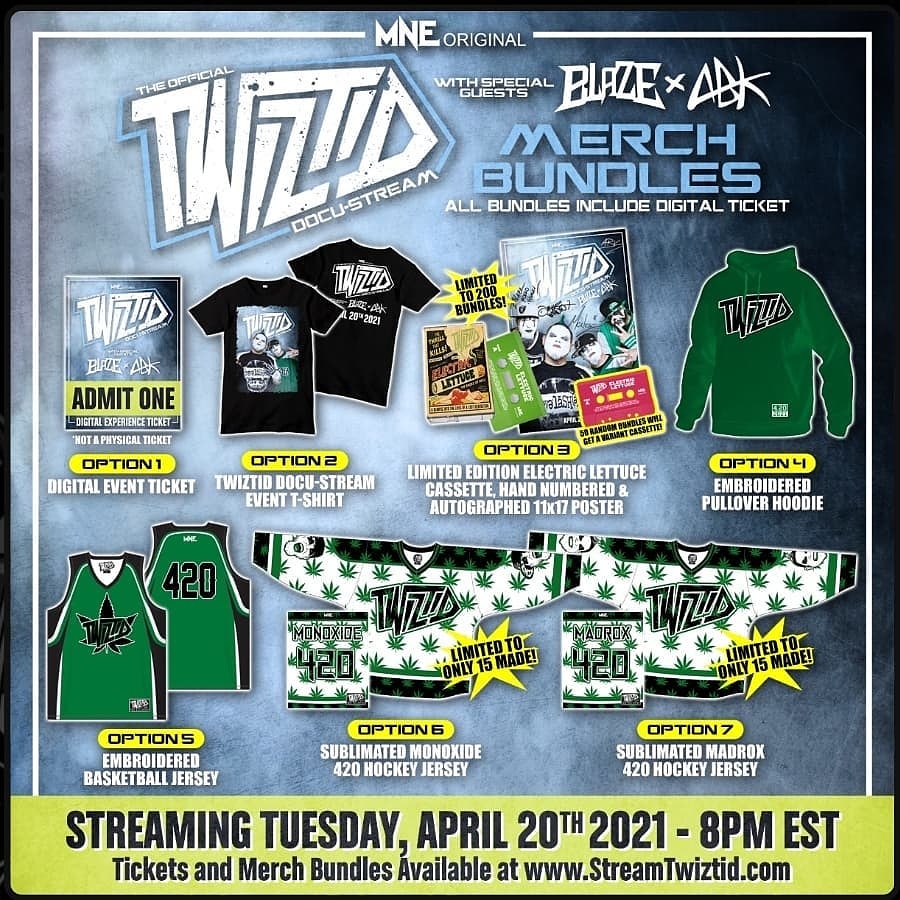 ColoradoMNE's tweet photo. Tickets and merch bundles available now at https://t.co/OHXRlQu3EZ for the @tweetmesohard 4/20 #DocuStream event! 🙌🙌 

#Twiztid #BlazeYaDeadHomie #ABK #ESN #DarkLotus #MNE #MajikNinjaEntertainment https://t.co/bdoQxfBswR