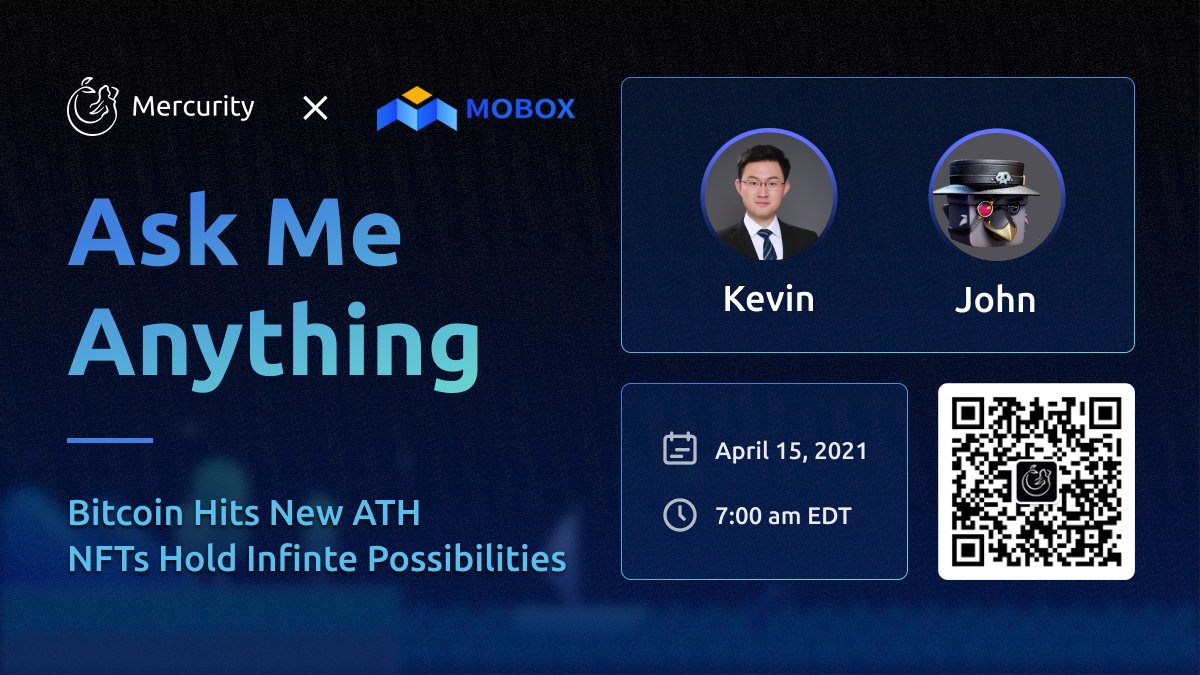MercurityDefi's tweet image. Join Mercurity and Mobox for an AMA tomorrow morning (and evening in Asia). How is Bitcoin's ATH affecting DeFi? Where are NFT's headed? Join us at 7am EDT.

@MercurityDefi @MOBOX_Official @MOBOX_FansClub #DeFi #NFTs $MEE #bitcoin