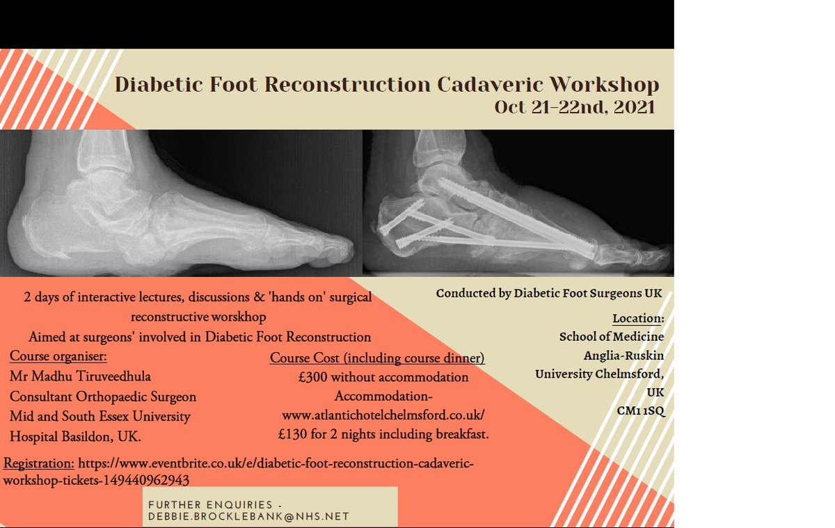 Madhuortho (@madhuortho) on Twitter photo Diabetic Foot Reconstruction Cadaveric Workshop
Oct 21-22nd, 2021
Registration now open
Registration: eventbrite.co.uk/e/diabetic-foo…
Accommodation- Delegates to book directly by calling on 01245 268 168 or email: info@atlantichotel.co.uk quote 'Diabetic Foot Reconstruction workshop' Diabetic Foot Reconstruction Cadaveric Workshop
Oct 21-22nd, 2021
Registration now open
Registration: eventbrite.co.uk/e/diabetic-foo…
Accommodation- Delegates to book directly by calling on 01245 268 168 or email: info@atlantichotel.co.uk quote 'Diabetic Foot Reconstruction workshop'