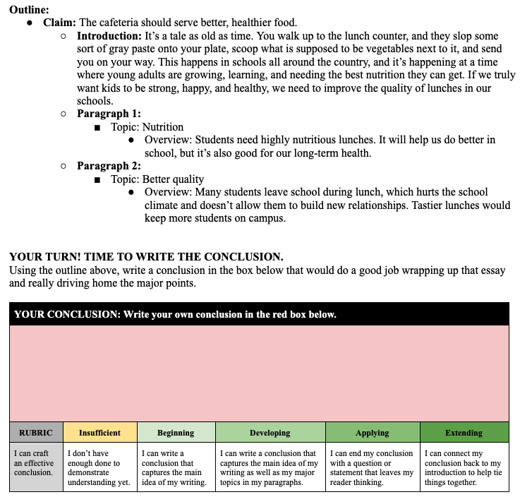 I used to be like, "Well, you didn't do your writing, so I guess you can't do the lesson or practice your conclusion with us."

Now I'm like, "Here's a sample essay without a conclusion. I still want you to be able to work on the skill and be a part of the class."

Growing.
