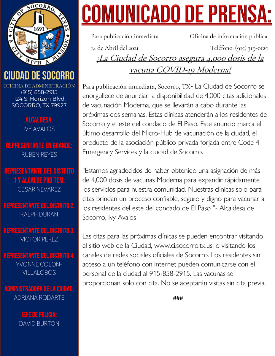 City_of_Socorro's tweet photo. ¡La ciudad de Socorro se enorgullece de anunciar que ha adquirido 4,000 dosis de la vacuna Moderna para brindar servicio a nuestra comunidad! Para registrarse visite: https://t.co/EjlAuy425I https://t.co/DCIDCoQjAf