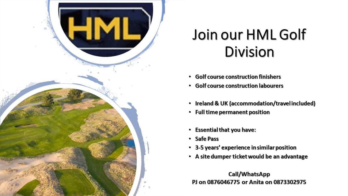 HML Golf are currently Recruiting for the following positions below .