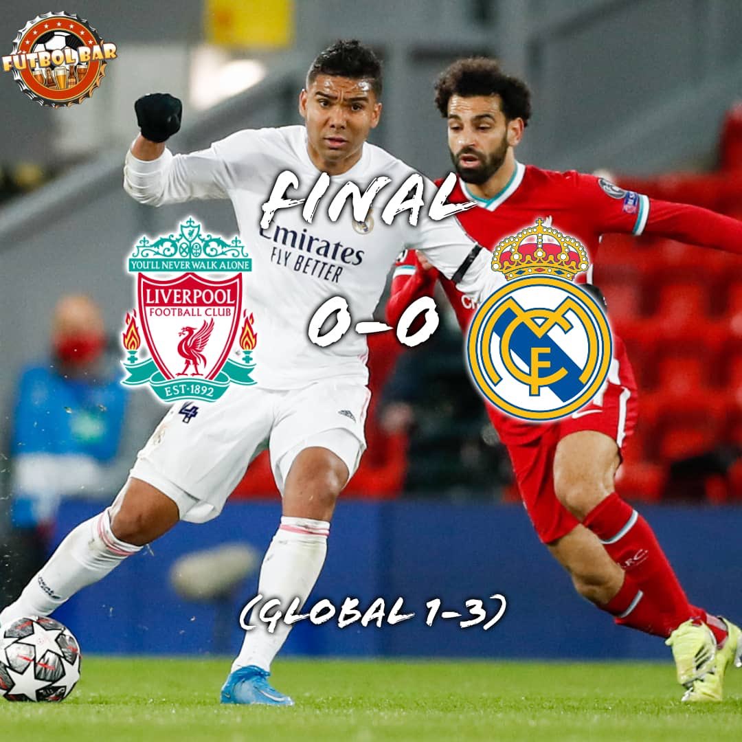 FutbolBar1's tweet photo. #𝙇𝙞𝙫𝙚𝙧𝙥𝙤𝙤𝙡 0-0 #𝙍𝙚𝙖𝙡𝙈𝙖𝙙𝙧𝙞𝙙

Real Madrid completa su paso a semis‼️
El club Blanco alcazó la fase de semis luego de un empate sin goles en Anfield ante unos Reds que se encontraron ante un equipo ordenado y táctico, en otra clase de estratégia dictada por Zidane https://t.co/FjufUDmPjb