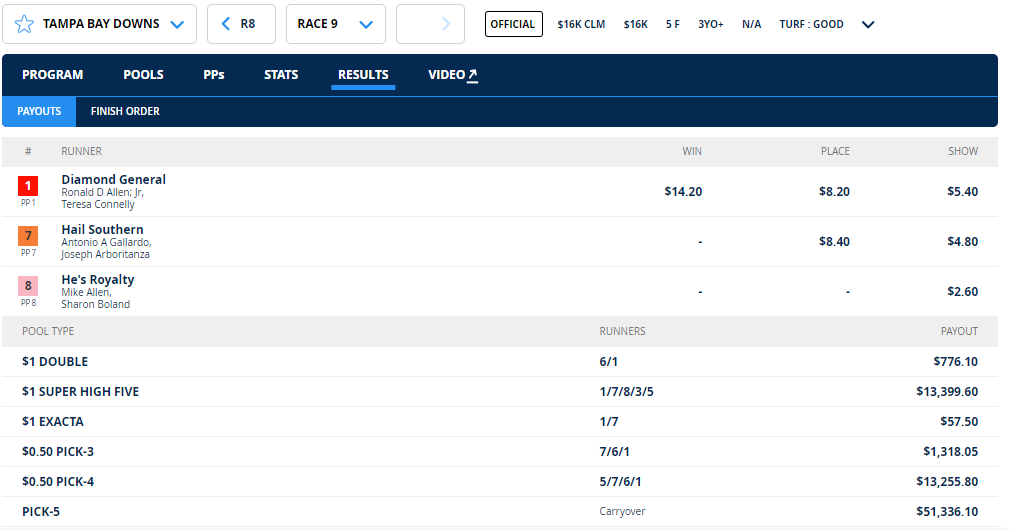 RacingWinning's tweet image. We had a 3 way tie in the last race @TampaBayDownsFL! One of our top pics, Diamond General, paid a very healthy $14.20 to WIN! #horseracingtips #horseracing
