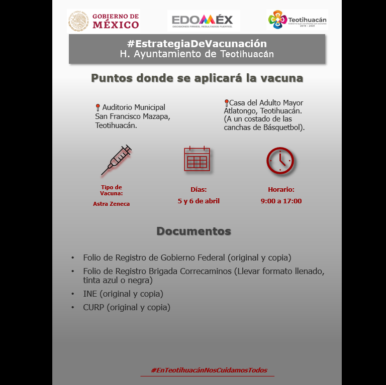 JaimeHerediaAng's tweet photo. #EstrategiaDeVacunación Los días 5 y 6 de abril se llevará a cabo la vacunación en #Teotihuacán les comparto la siguiente información y recomendaciones: 
#Teotihuacán #EdomexEnSemaforoNaranja 
@Univ_Estados @Milenio @lajornadaonline @MVSNoticias @Reforma @elsolde_mexico https://t.co/GrC1bk59EA