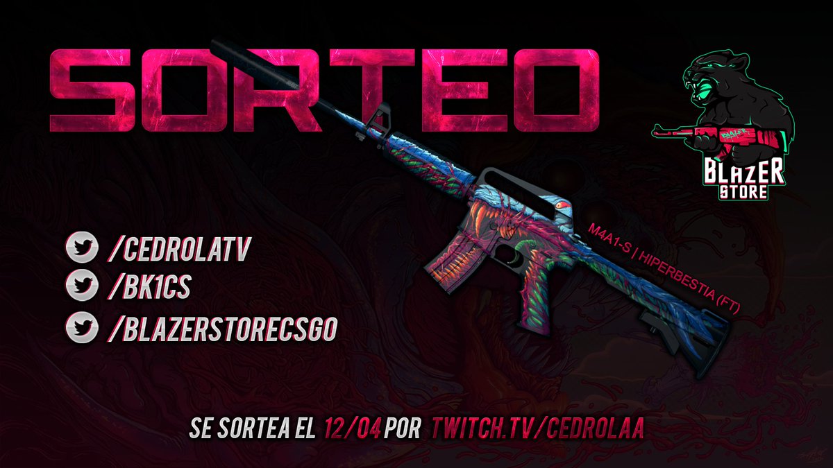 SORTEO M4A1S HIPERBESTIA 🥳🎁

Seguir:

- <a href="/CedrolaTV/">CEDROLA</a> 
- <a href="/bk1cs/">BK1</a> 
- @blazerstorecsgo 

- RT y mencionar 2 amigos 🔁

Suerte a todos 🍀