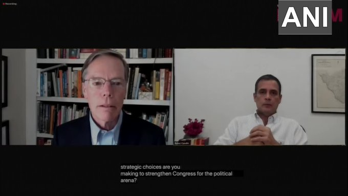 ANI's tweet image. I don’t hear anything from US establishment about what’s happening in India. If you are saying partnership of democracies, I mean what is your view on what is going on here: Congress&apos; Rahul Gandhi in conversation with Ambassador Nicholas Burns from Harvard Kennedy School (02.04)