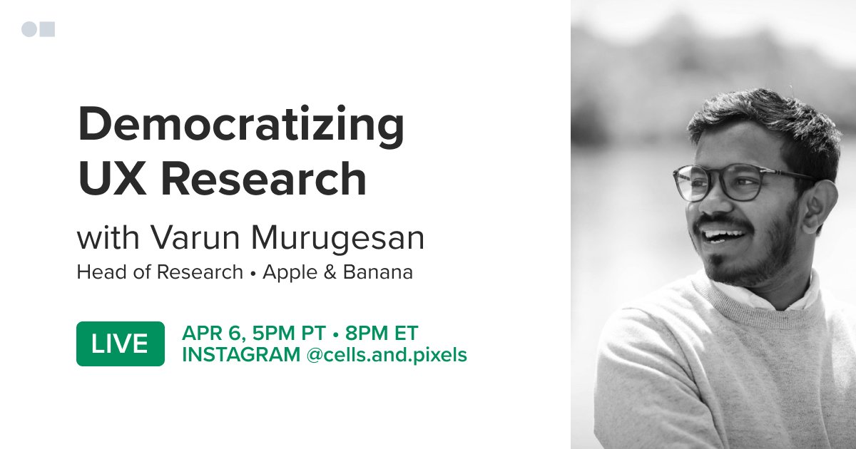 My next guest is @varun_murugesan is the Head of Research for <a href="/AppleBananaUX/">Apple & Banana 🍎🍌</a> where he is in a mission to democratize research, sharing UX research skills, methods, concepts to educate both interested &amp; new UX researchers. Next Tuesday, Apr 6, 5pm PT / 8pm ET. On Instagram.