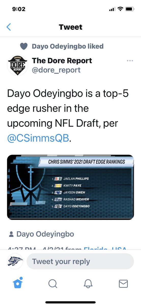 RHSWolfpackFB's tweet photo. Former Ranchview Wolf Dayo Odeyingbo is one of the best in the draft. Can’t wait to see where he ends up. Super proud of Dayo!  #PTR ⁦@CFBISD⁩ ⁦@DrChapmanCFBISD⁩ ⁦@CFBathletics⁩ ⁦@RanchviewIB⁩ ⁦@clair_coach⁩ https://t.co/ETqHx3p20E