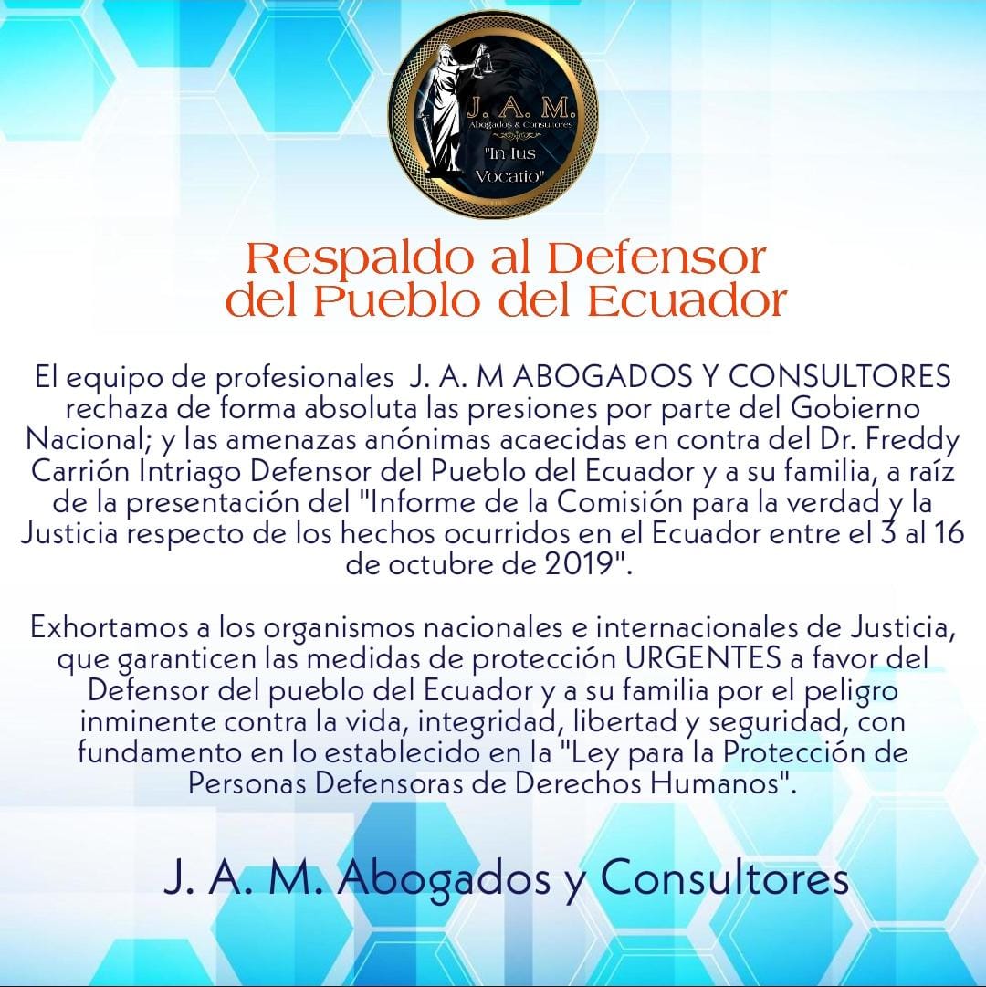 Defensoriadelpueblo Pa Twitter El Equipo De Profesionales J A M Abogados Y Consultores Emite Resolucion De Solidaridad Con Eldefensor Freddy Carrion Intriago Ante Amenazas Recibidas Por La Gestion Realizada En La Tutela