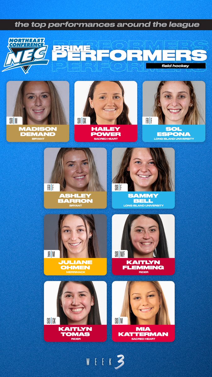 necfhockey's tweet photo. 🗣️#NECFieldHockey Prime Performers Week3⃣

🔹Madison Demand, BRY
🔹Ashley Barron, BRY
🔹Hailey Power, SHU
🔹Mia Katterman, SHU
🔹Sol Espona, LIU
🔹Sammy Bell, LIU
🔹Kaitlyn Flemming, Rider
🔹Kaitlyn Tomas, Rider
🔹Juliane Ohmen, MC

#NCAAFieldHockey #NECPrimePerformer https://t.co/fZj5jIfvKE