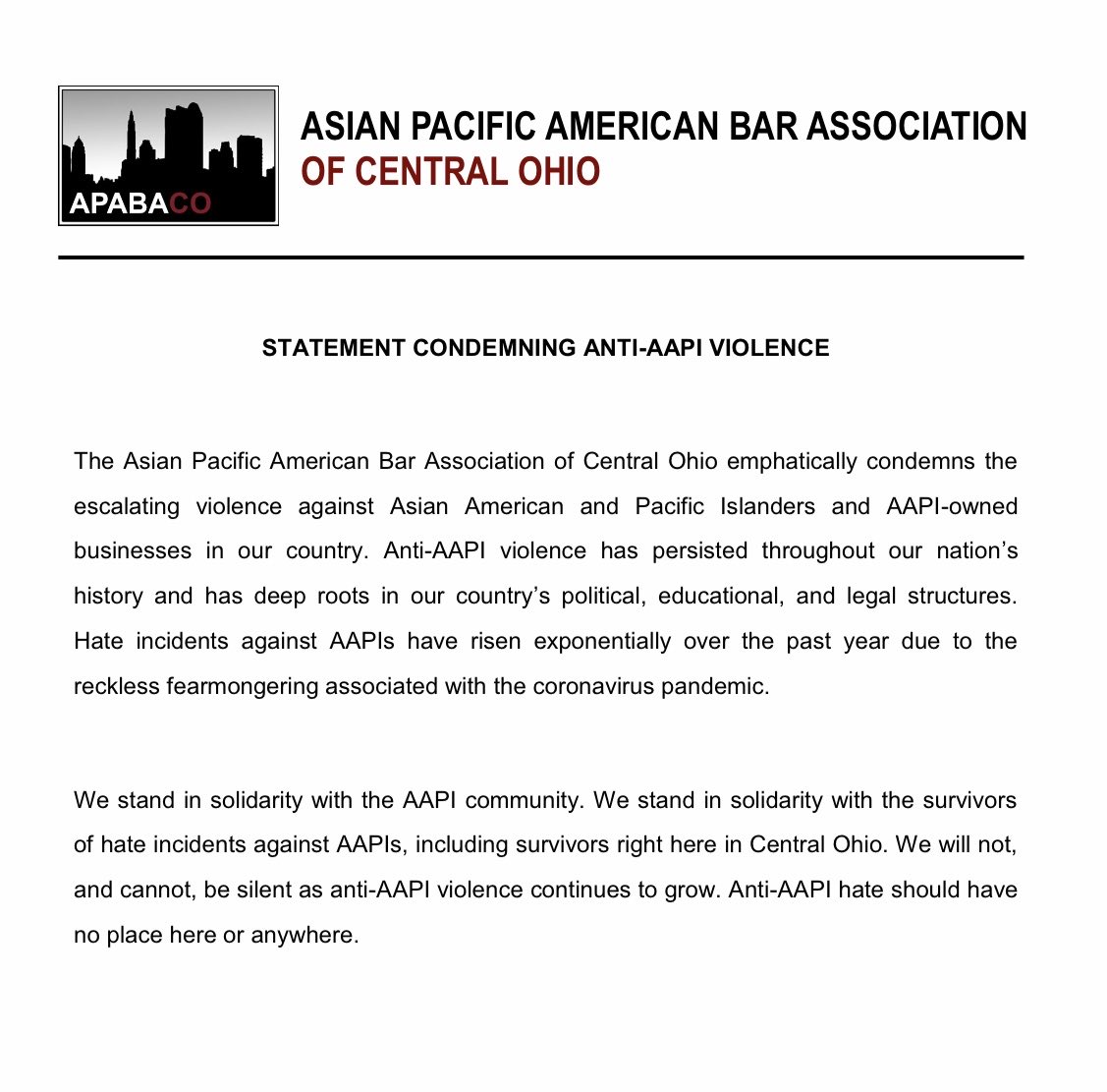 APABACO's tweet photo. We stand in solidarity with the AAPI community.  We emphatically condemn the escalating violence, persisting throughout our nation’s history and continuing to this day. https://t.co/ENZV5dkVoA