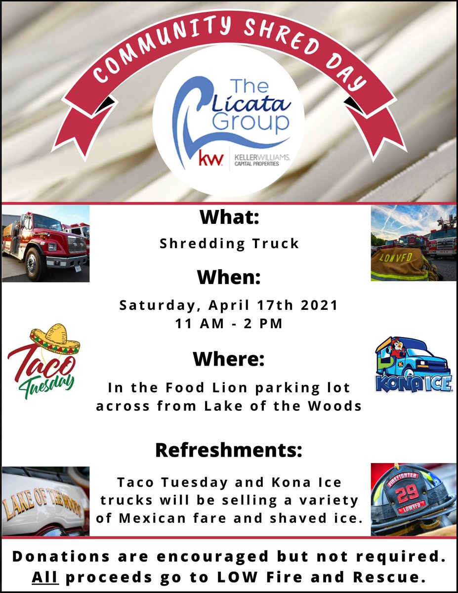 Join us on Saturday, April 17th from 11 AM - 2 PM for our Community Shred Day. Donations are encouraged but not required, with proceeds benefitting LOW F&amp;R! Taco Tuesday will be on site from 11-2, and Kona Ice will be with us beginning at 1.
facebook.com/events/8608709…