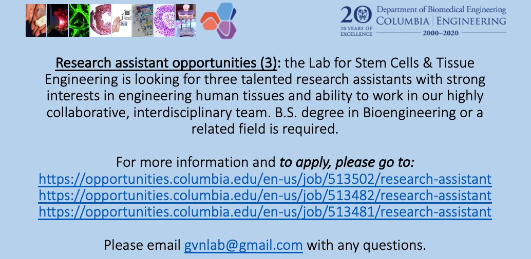 Gordana Vunjak-Novakovic (@gvnlab) on Twitter photo Please RT & spread widely: our lab is hiring three research assistants for work in various tissue engineering projects. If interested, please see links below on how to apply:
> opportunities.columbia.edu/en-us/job/5135…
> opportunities.columbia.edu/en-us/job/5134…
> opportunities.columbia.edu/en-us/job/5134… Please RT & spread widely: our lab is hiring three research assistants for work in various tissue engineering projects. If interested, please see links below on how to apply:
> opportunities.columbia.edu/en-us/job/5135…
> opportunities.columbia.edu/en-us/job/5134…
> opportunities.columbia.edu/en-us/job/5134…