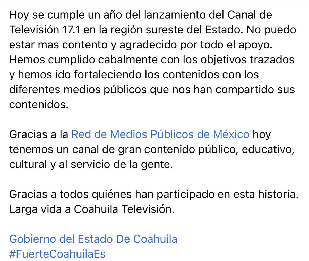 JorgeMCesar's tweet photo. En Coahuila Televisión estamos de fiesta. Hoy se cumple un año de haberse lanzado la Televisión Pública del Estado de Coahuila. Les comparto esta gran historia.  Gracias Gobernador @mrikelme y @fgutizp por el apoyo y la confianza. https://t.co/5agOSMjpgf