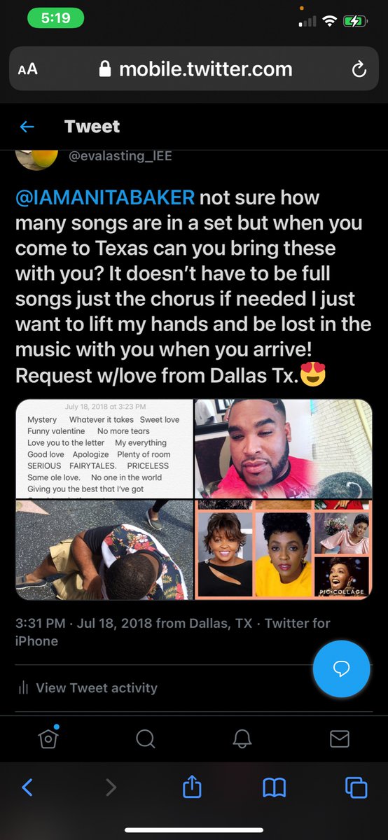 evalasting_lEE's tweet photo. I am having the hardest time not streaming your music @IAMANITABAKER  I remember when your responded to my tweet about how many song were in a set I thought I’d go on to glory I have to drive to my mom’s to swipe my cds back or I won’t make may u win!💙💙😇 https://t.co/wmDlMi3ZV9
