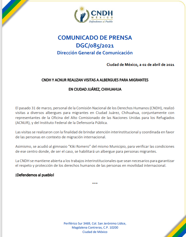 CNDH's tweet image. #CNDH y @AcnurMexico, realizan visitas a #albergues para #migrantes en #CiudadJuárez, #Chihuahua.

#DefendemosAlPueblo
@ONU_es 
@ONUMX