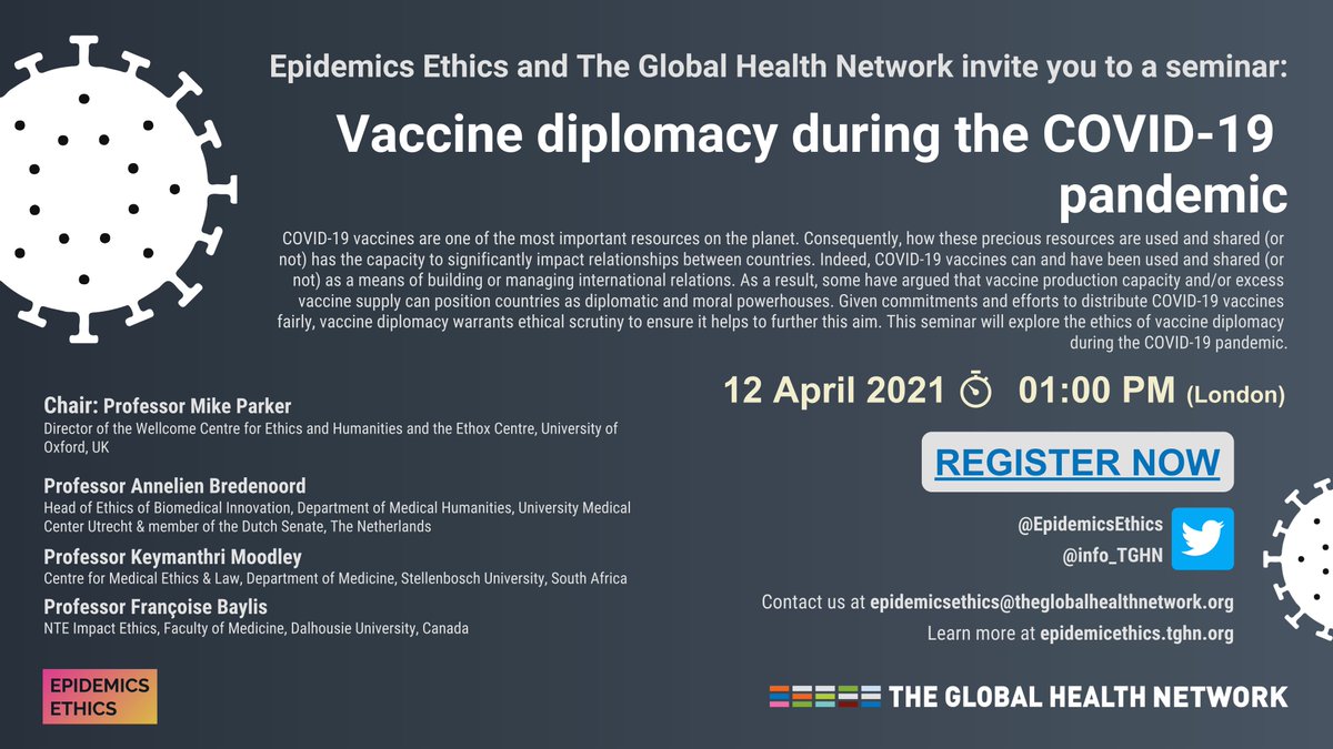 Epidemics Ethics (@epidemicsethics) on Twitter photo Our next webinar is on 12 April, 13:00 (London) #Vaccine diplomacy during the #COVID19 pandemic featuring <a href="/michaelethox/">michael parker</a>, <a href="/ALBredenoord/">Annelien Bredenoord</a>, <a href="/keymenthri/">keymanthri moodley</a> & @FrancoiseBaylis
zoom.us/webinar/regist… Our next webinar is on 12 April, 13:00 (London) #Vaccine diplomacy during the #COVID19 pandemic featuring <a href="/michaelethox/">michael parker</a>, <a href="/ALBredenoord/">Annelien Bredenoord</a>, <a href="/keymenthri/">keymanthri moodley</a> & @FrancoiseBaylis
zoom.us/webinar/regist…