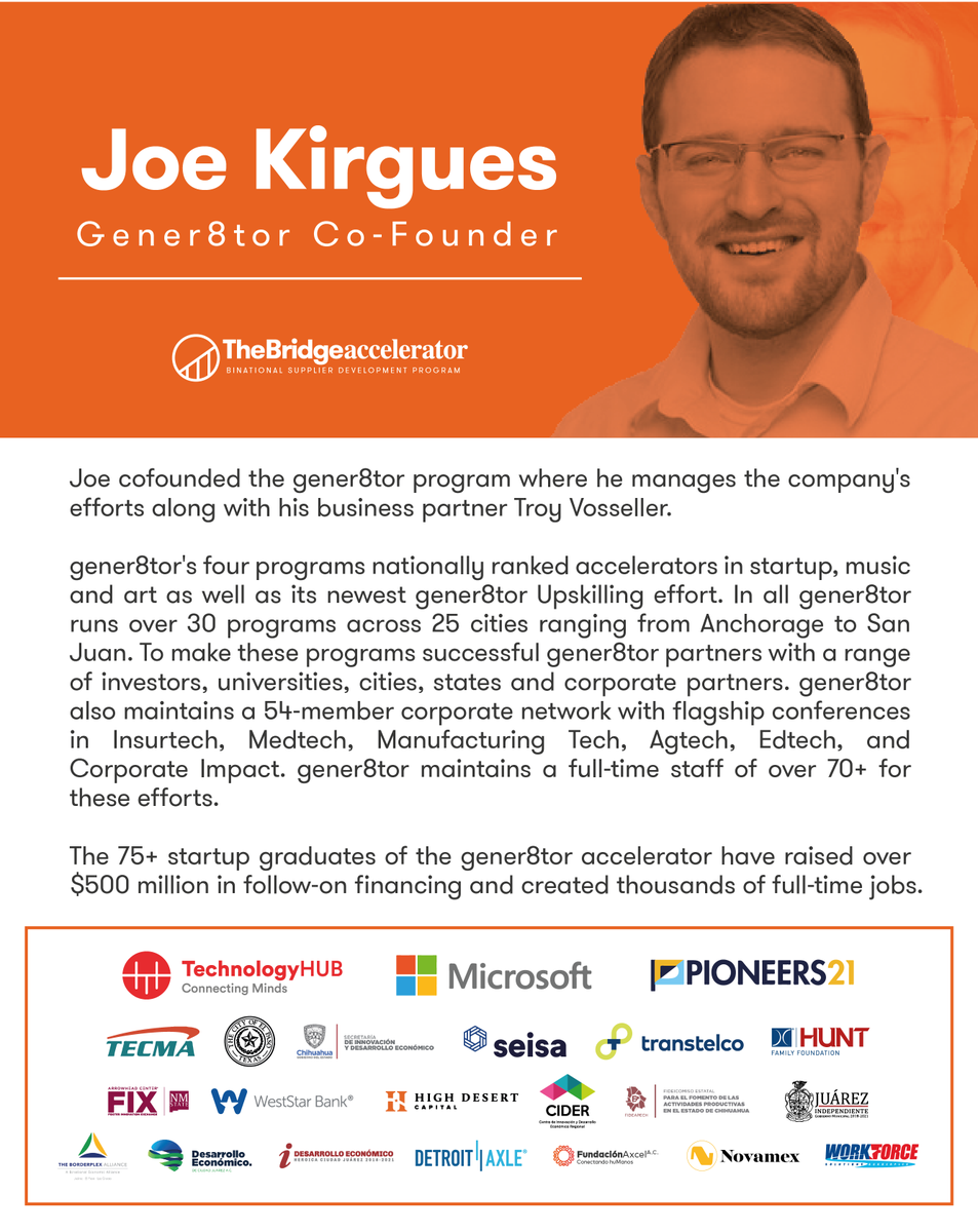 TechHUBjuarez's tweet photo. The #Kickoff for the 4th Cohort of #TheBridgeAccelerator is next Tuesday😁!
We will be joined by Joe Kirgues Co-founder of @gener8tor
A Cup of Joe☕, Where to Begin Raising Capital for Manufacturing SMEs.
👇 Check out his Bio!
Register now at: https://t.co/qZsV208PmF https://t.co/DLILNtYlEo