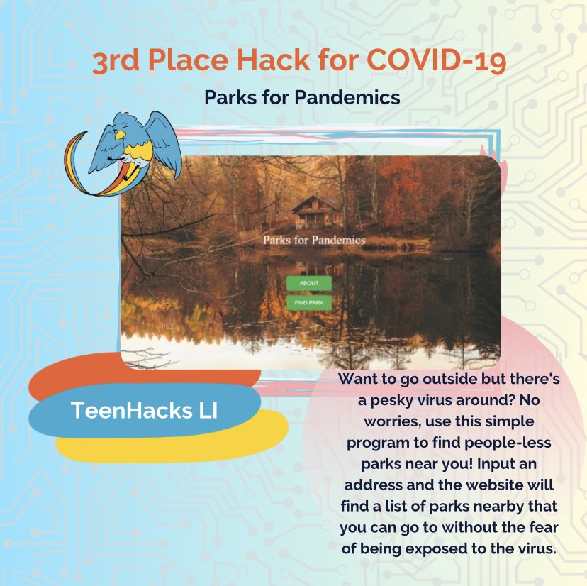 TeenHacksLI's tweet photo. Throwback to our Fall 2020 event!!

Congrats to our winners...

⭐️ “Parks for Pandemics” for winning 3RD Place Hack for Covid-19! 

Look out for our Spring 2021 event on https://t.co/oJxZeEBL86 and stay hacking! 🤩🤩🤩 https://t.co/6CH7GthKvW