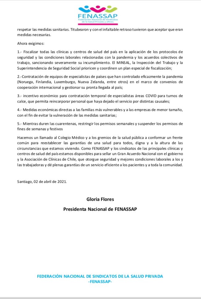🔴COMUNICADO DE PRENSA🔴
Los trabajadores de la Salud Privada declaramos lo siguiente:
“PANDEMIA FUERA DE CONTROL, TORMEMTA PERFECTA” Gobierno errático, indolente, sistema colapsado y trabajadores vulnerados en sus derechos”
<a href="/gloflowers/">gloria flores</a> <a href="/guillier/">Alejandro Guillier</a> <a href="/labeasanchez/">Beatriz Sánchez</a> <a href="/uniamericas/">UNI Américas</a>