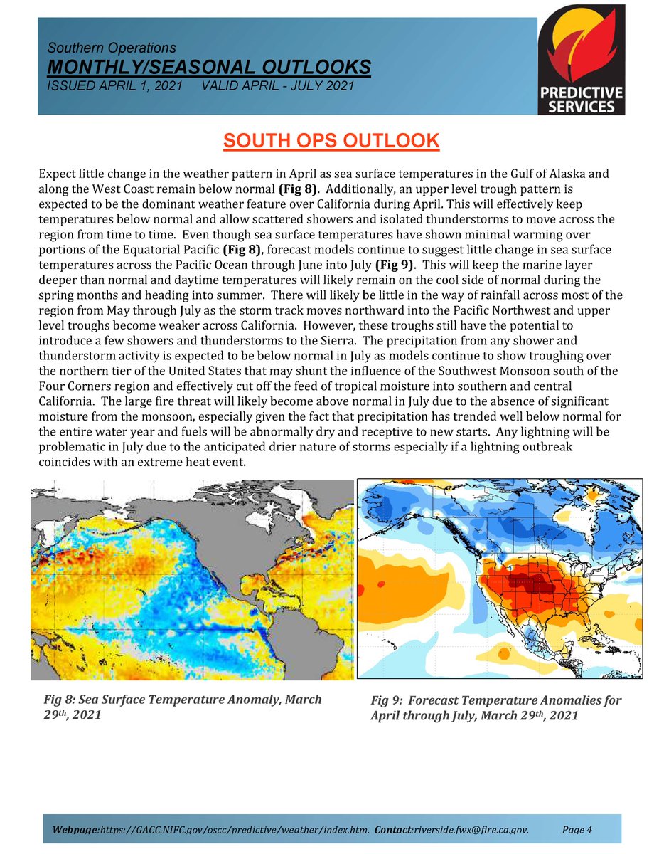JhawkFire's tweet photo. 2/ #Wildfire #SouthernCalifornia #SoOpsPredServ April-July2021 Outlook. #FireWeather #FireFuels #FireBehavior
https://t.co/S61aL2xMV3
@sawti_forecast @NWSLosAngeles @NWSSanDiego @RichIMET https://t.co/rpbJYND97N
