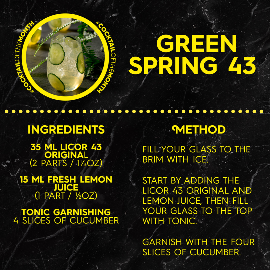 CSVS_QC's tweet image. Avec le nom accrocheur &apos;Green Spring 43&apos;, pouvez-vous deviner pourquoi ce cocktail est le @Licor43Global #CocktailOfTheMonth? Légèrement sucré mais vraiment rafraîchissant avec Licor 43 Original, jus de citron frais, tonique et concombre - profitez-en au soleil ce printemps!