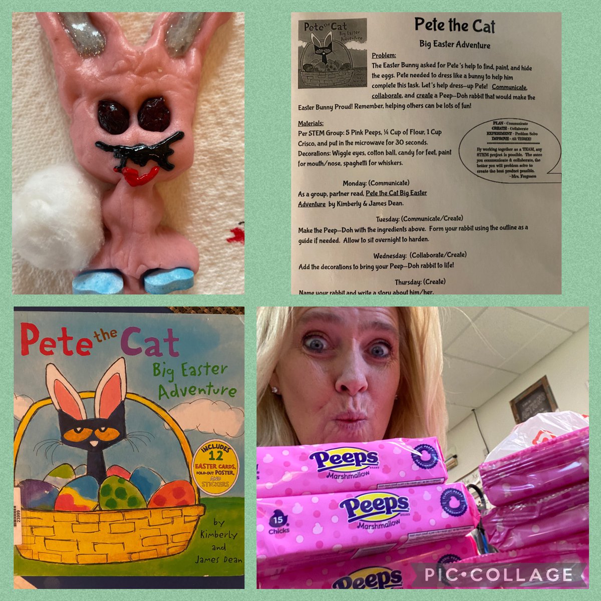 TracyFergusonVM's tweet photo. This week’s #STREAM activity had Ss reading the 📘Pete the Cat Easter Adventure and making 🐰Peep Doh!🐰 They used 5 pink Peeps, 1/4 C flour, 1 Tbs Crisco, & 30 sec in the microwave! #vanmeter #peeplover #STEM 🙏 @TLayton78 for the ideas!! ⭐️https://t.co/6mOIrUIua1⭐️ https://t.co/FQxS9V3wzY