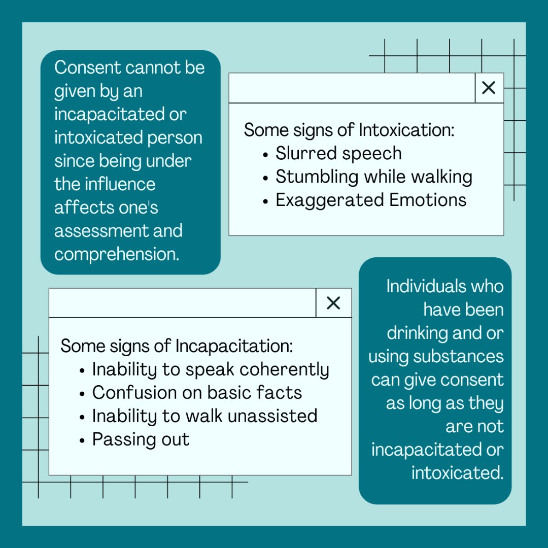 suppsfsu's tweet photo. Hi everyone! Did you know that consent cannot be given by an incapacitated or intoxicated person since being under the influence can affect a person's assessment and comprehension? Swipe to learn more!

#college #students #campus #info #facts https://t.co/lB2ZaxvuF3