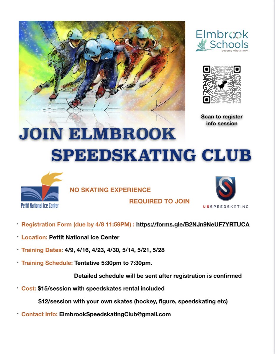 Elmbrook Speedskating Club will start on April 8th and kick off it's first practice. Below is the registration form and the club flyer. Hope to see you there at the first practice!
Registration Form: forms.gle/74BePE2Et2xbws…
Club Flyer: