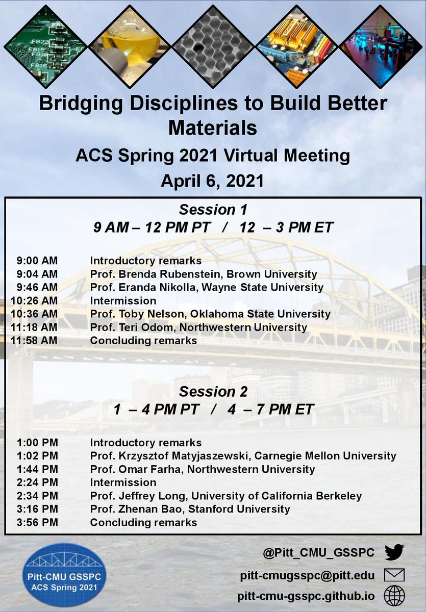 Pitt_CMU_GSSPC's tweet photo. It's almost here! Please join us on April 6th for our Spring ACS symposium, titled "Bridging Disciplines to Build Better Materials". More details on our website: https://t.co/JIDxkzimg5 https://t.co/EwXndkUqG3