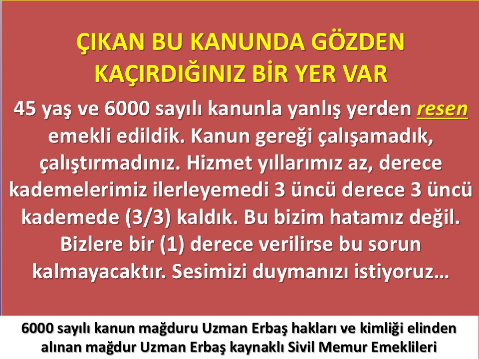 <a href="/brahim65226653/">İbrahim (42)</a> <a href="/is1234tan1/">Hikmet Yiğit</a> <a href="/Akparti/">AK Parti</a> <a href="/RTErdogan/">Recep Tayyip Erdoğan</a> <a href="/tcbestepe/">T.C. Cumhurbaşkanlığı</a> <a href="/BY/">Binali Yıldırım</a> <a href="/NumanKurtulmus/">Numan Kurtulmuş</a> <a href="/tcsavunma/">T.C. Millî Savunma Bakanlığı</a> <a href="/mehmetucum/">Mehmet Uçum</a> <a href="/alp_kavaklioglu/">𝑨𝒍𝒑𝒂𝒔𝒍𝒂𝒏 𝑲𝒂𝒗𝒂𝒌𝒍ı𝒐𝒈̆𝒍𝒖</a> <a href="/TSKGnkur/">TSK</a> <a href="/iletisim/">T.C. İletişim Başkanlığı</a> <a href="/fahrettinaltun/">Fahrettin Altun</a> <a href="/kayaismail80/">İSMAiL KAYA 🇹🇷</a> @yilmaz_ismet58 6000 sayılı kanun mağduru uzman çavuşlar olarak.7281 sayılı kanunla bir kısım haklarımızı alsakta 3.derece,3.kademeye takılanlar bu kanundan yararlanamadık.2016 yılında  astsubaylara verilen bir (1) derecenin bizlerede verilmesini istiyoruz