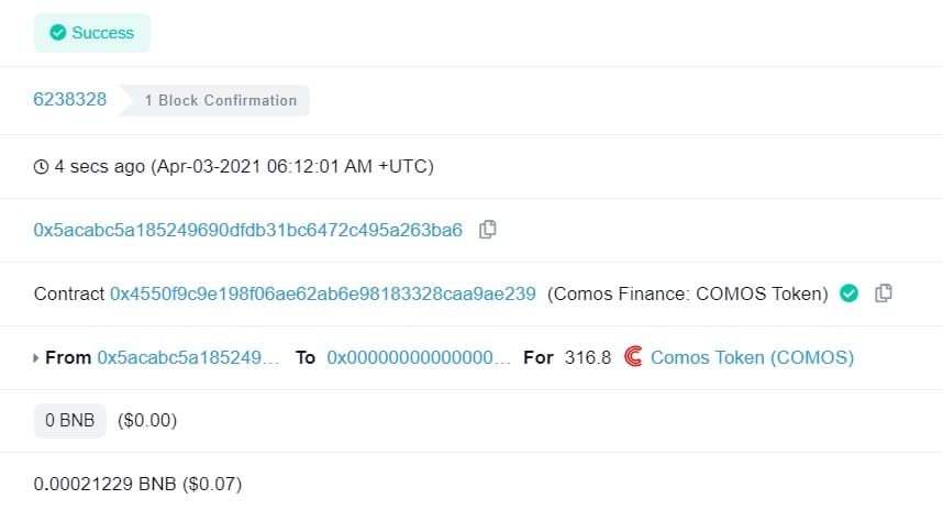 We just Buyback and Burned 317 COMOS
Buy: bscscan.com/tx/0x68dba2b82…
Burn: bscscan.com/tx/0x43c1ab50f…
<a href="/ComosF/">Comos Finance</a> #YieldFarming #BinanceSmartChain #Bitcoin #BNB #BSC #DeFi #crypto #bitcoin #COMOS