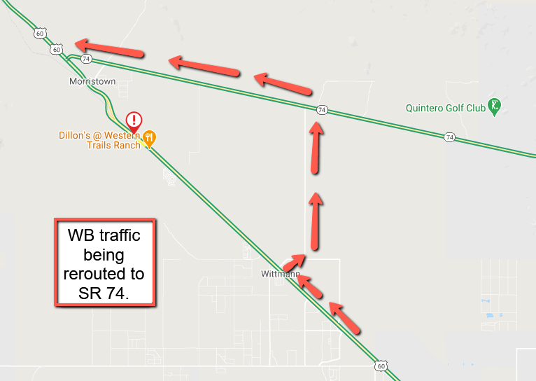 ArizonaDOT's tweet photo. *CLOSURE UPDATE*
US 60 westbound remains closed due to a crash at milepost 123 in Morristown.
Westbound traffic is being rerouted off Center Street in Wittmann, northbound up 211th Ave, to westbound SR 74 where motorists can reconnect with US 60.
#aztraffic #US60 #SR74 https://t.co/sMhKYc06mB