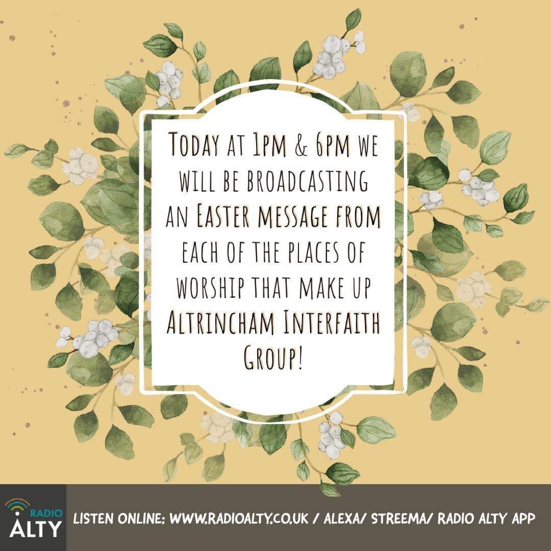 RadioAlty's tweet photo. Todayโs Easter Reflection comes from Christopher Graham - a Lay Reader at St Peterโs Church, Hale. Broadcast at 1pm and 6pm today on https://t.co/avmIQb4eiC - listen online, on the apps, Alexa (Open Radio Altrincham) and Streema. #easter #eastermessages @StPetersHale https://t.co/p7lZRxw9QB