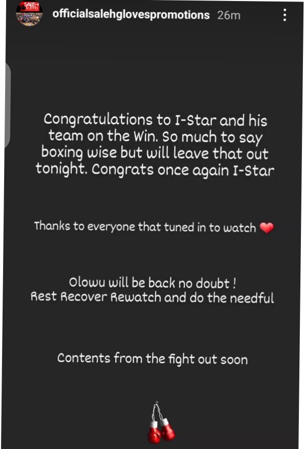 NOTHING BUT LOVE ❤️. 

 Taiwo Olowu's Promoter, Official Salehgloves Promotion Congratulate Isaac 'I star ' Chukwudi on his victory last night. And promise Olowu will be back Stronger. 

#fightinggist #NIGERIABOXING #olowuchukwudi #Salehglovespromotion #GOTV #GOtvBoxingNight22